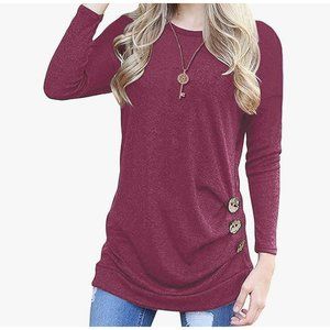 Casual Tunic Top Sweatshirt Womens Size 2XL Wine Red Side‎ Ruched Wooden Buttons